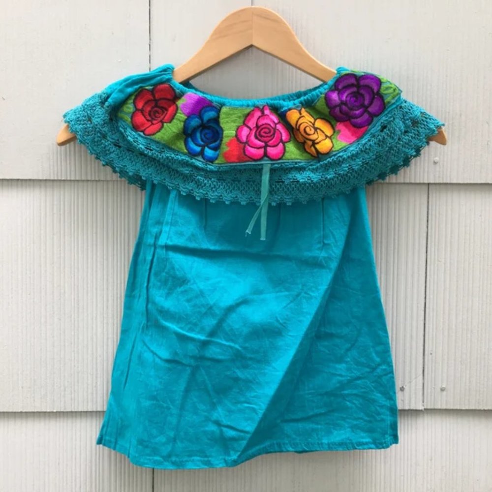 Handmade Girls Embroidered Mexican Blouse - Size 6 - Off the Shoulder Blouse